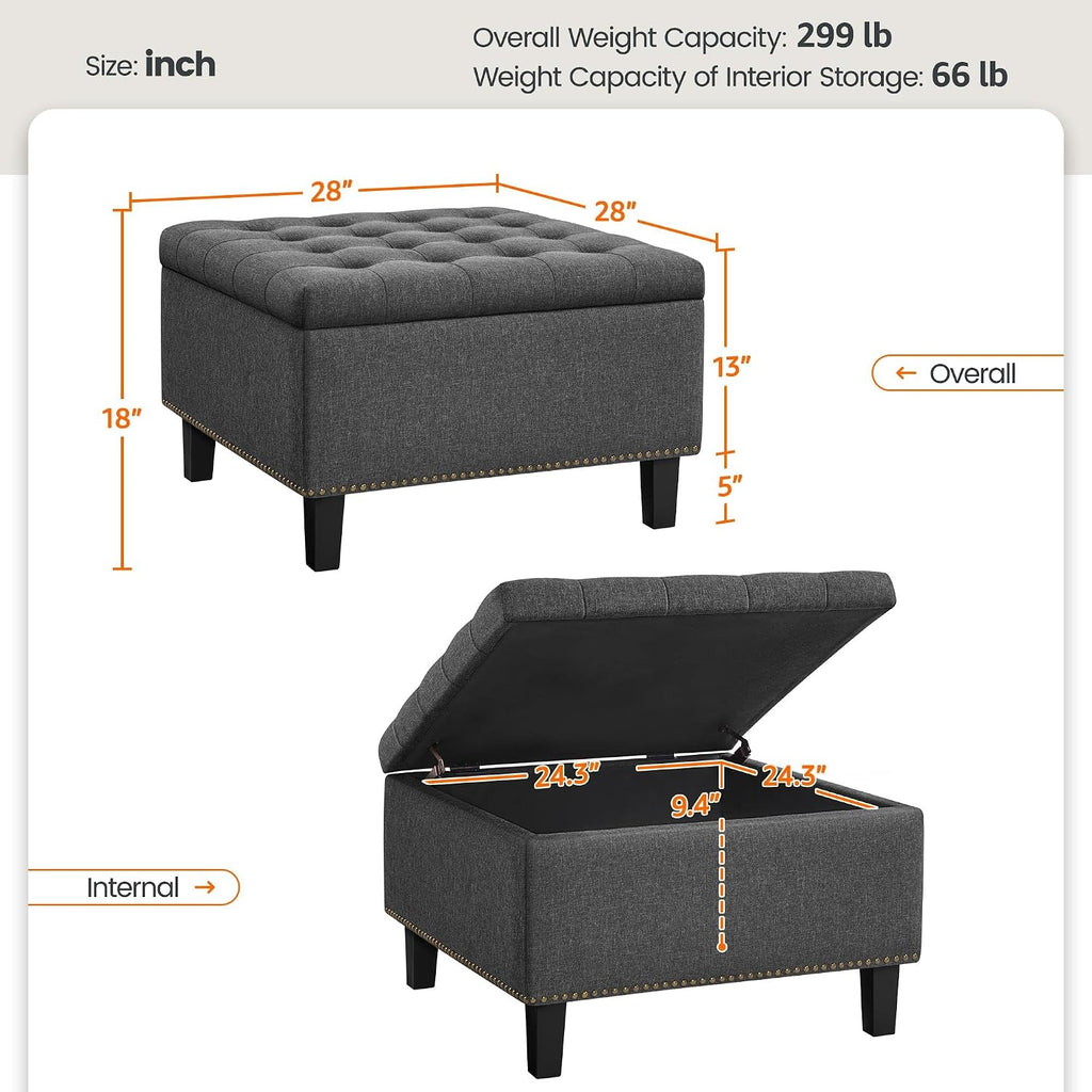 Yaheetech 28in Square Storage Ottoman Coffee Table with Nailhead, Dark Gray | Button-Tufted Linen-Look Fabric Bench, 3.2C Storage Space, Wood Legs, Metal Hinges, for Bedroom Foot of Bed Living Room