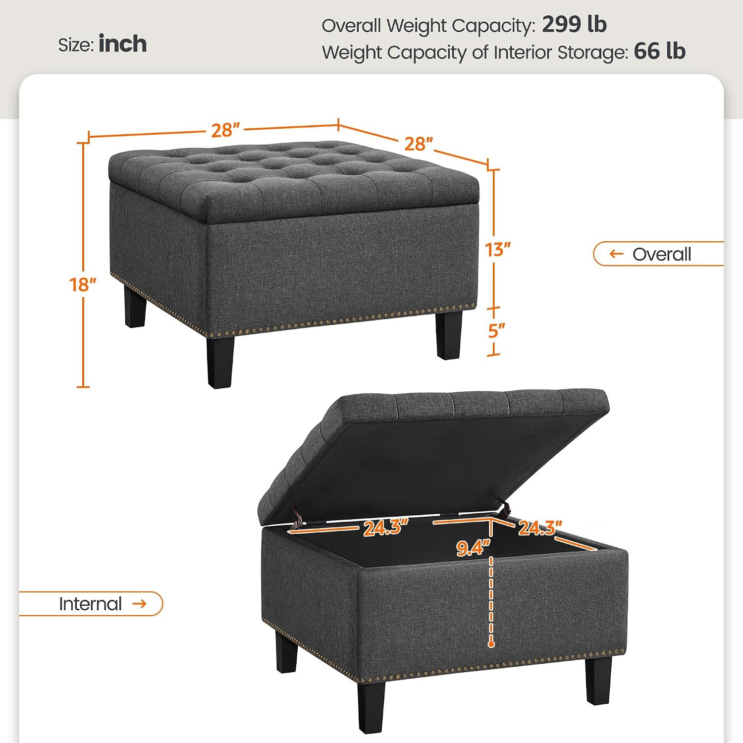 Yaheetech 28in Square Storage Ottoman Coffee Table with Nailhead, Dark Gray | Button-Tufted Linen-Look Fabric Bench, 3.2C Storage Space, Wood Legs, Metal Hinges, for Bedroom Foot of Bed Living Room