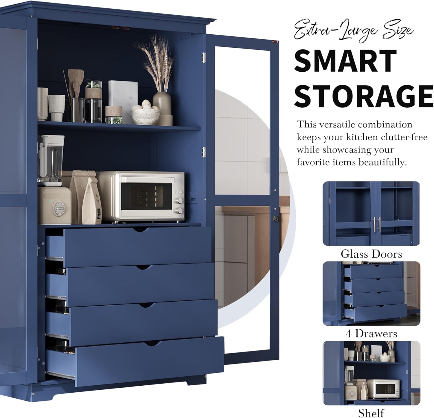 75" Tall Kitchen Pantry Cabinet, Freestanding Food Storage Cupboard, Modern Display Cabinet with Glass Doors and 4 Built-in Drawers, Storage Furniture for Kitchen, Living Room,Blue