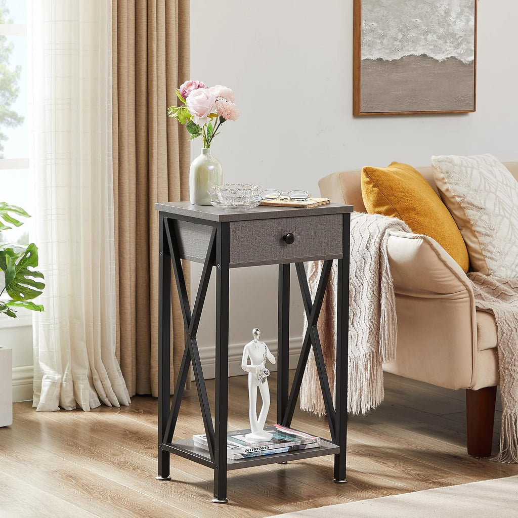 VECELO Tall Nightstand,27.6 inch Wooden End Table with Metal X-Frame,Side Table with Drawer and Storage Shelf for Living Room Bedroom Entryway Small Spaces