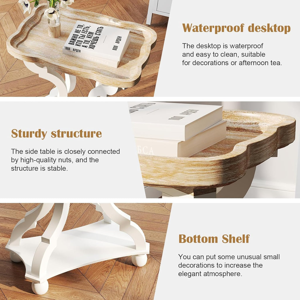 kinbor Farmhouse Side Table - Rustic End Table with an Open Shelf & Raised Edge, Accent Table with Distressed White Finish and Solid Wood Legs - Perfect for Living Room, Bedroom, Entryway, White