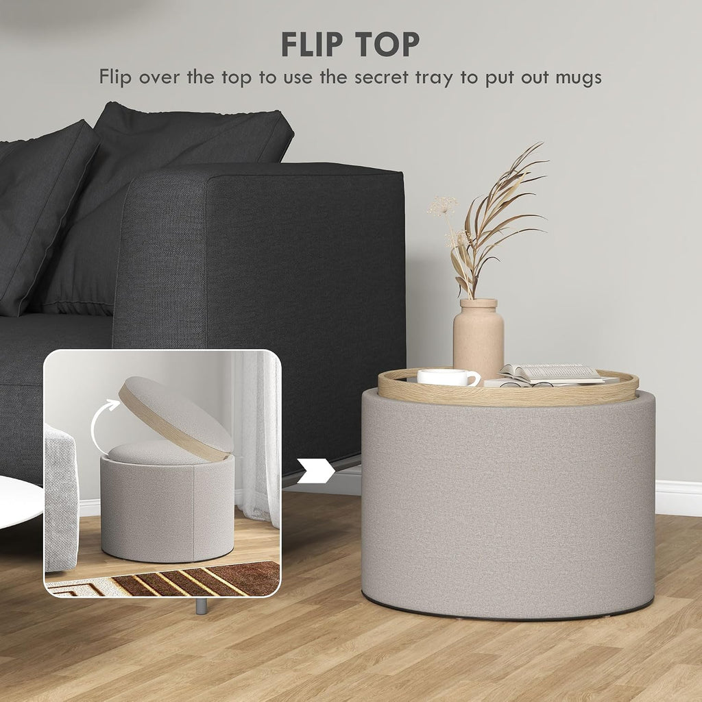 HOMCOM Round Storage Ottoman with Flip Top Tray, Footstool, Light Gray | Upholstered Fabric, Small Coffee Table, Hidden Compartment, Accent Vanity Stool, Living Room