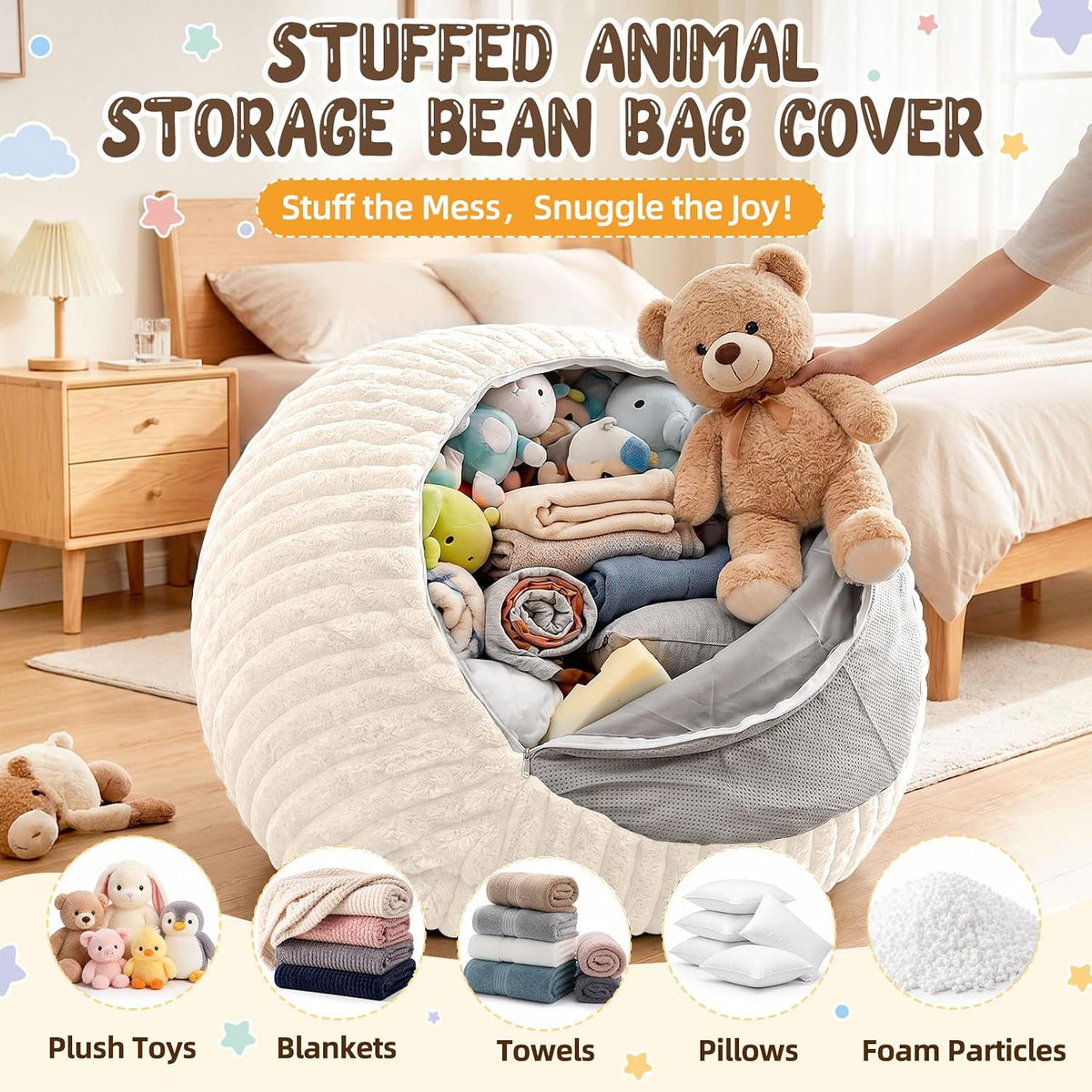 Bean Bag Cover No Filler Stuffed Animal Storage Bean Bag Chair Cover | Soft Faux Rabbit Fur,Non-Slip Bottom,Durable Zipper,Fill with Plush Toys or Blankets,for Adults Teens Kids Girls,Ivory
