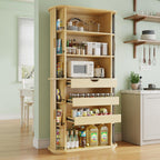iPormis Kitchen Pantry with Sliding Doors, Tall Modern Curved Pantry Storage Cabinets with Drawer & Pull Out Shelves, 64" Freestanding Wood Cupboard for Kitchen Dining Room Living Room, Natural Brown