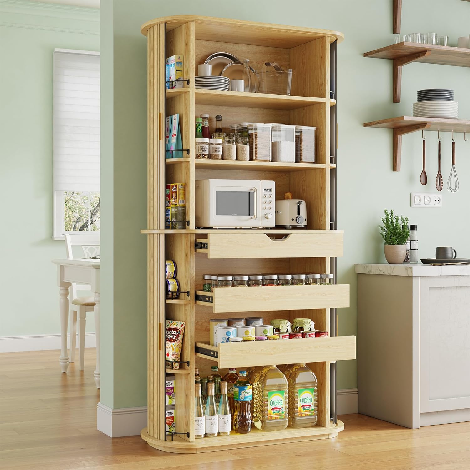 iPormis Kitchen Pantry with Sliding Doors, Tall Modern Curved Pantry Storage Cabinets with Drawer & Pull Out Shelves, 64" Freestanding Wood Cupboard for Kitchen Dining Room Living Room, Natural Brown