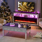 IKIFLY Mirrored Fireplace TV Stand for 65+ inch TV, Silver TV Console Table with Crushed Diamond and LED, Modern Media Entertainment Center for Living Room Remote Control