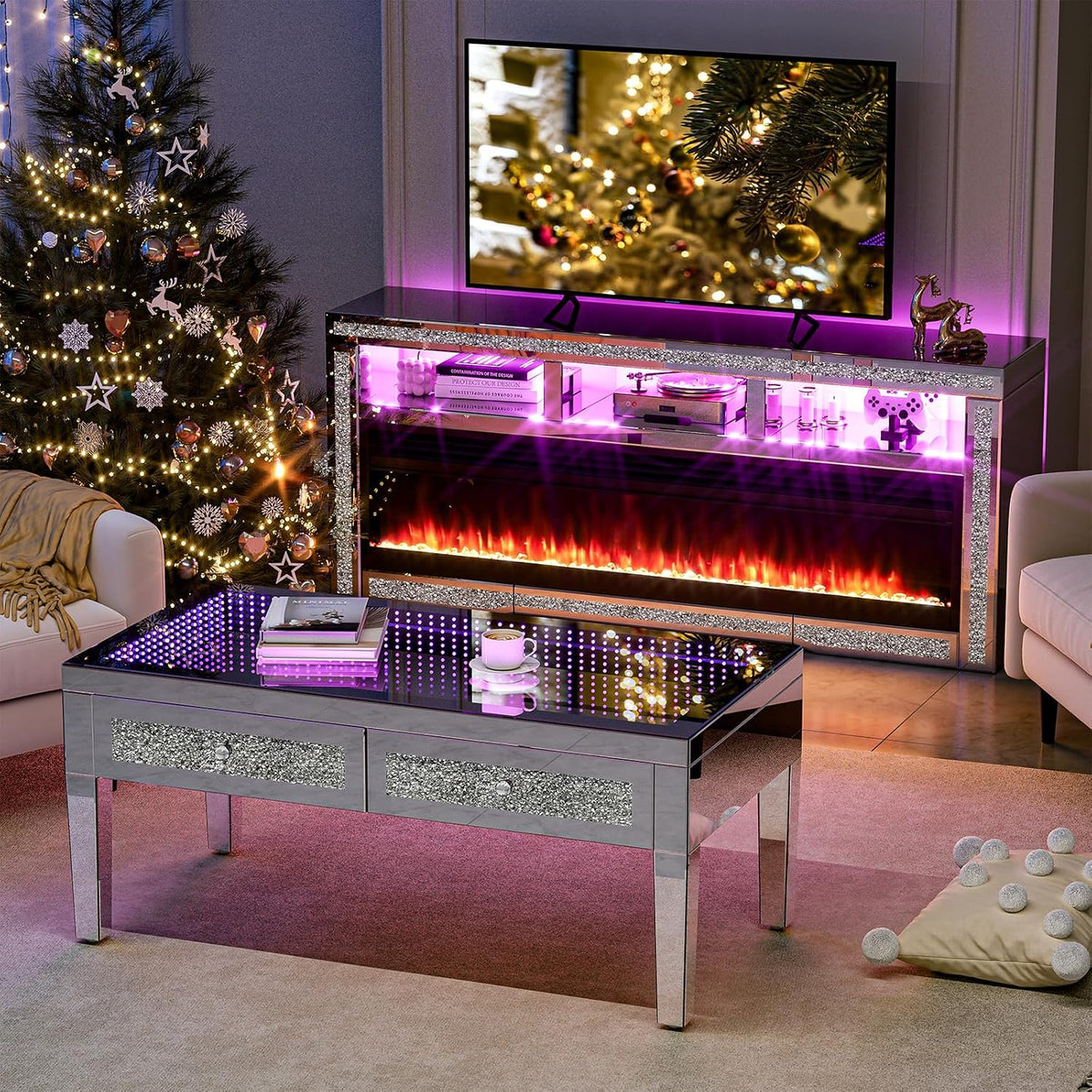 IKIFLY Mirrored Fireplace TV Stand for 65+ inch TV, Silver TV Console Table with Crushed Diamond and LED, Modern Media Entertainment Center for Living Room Remote Control