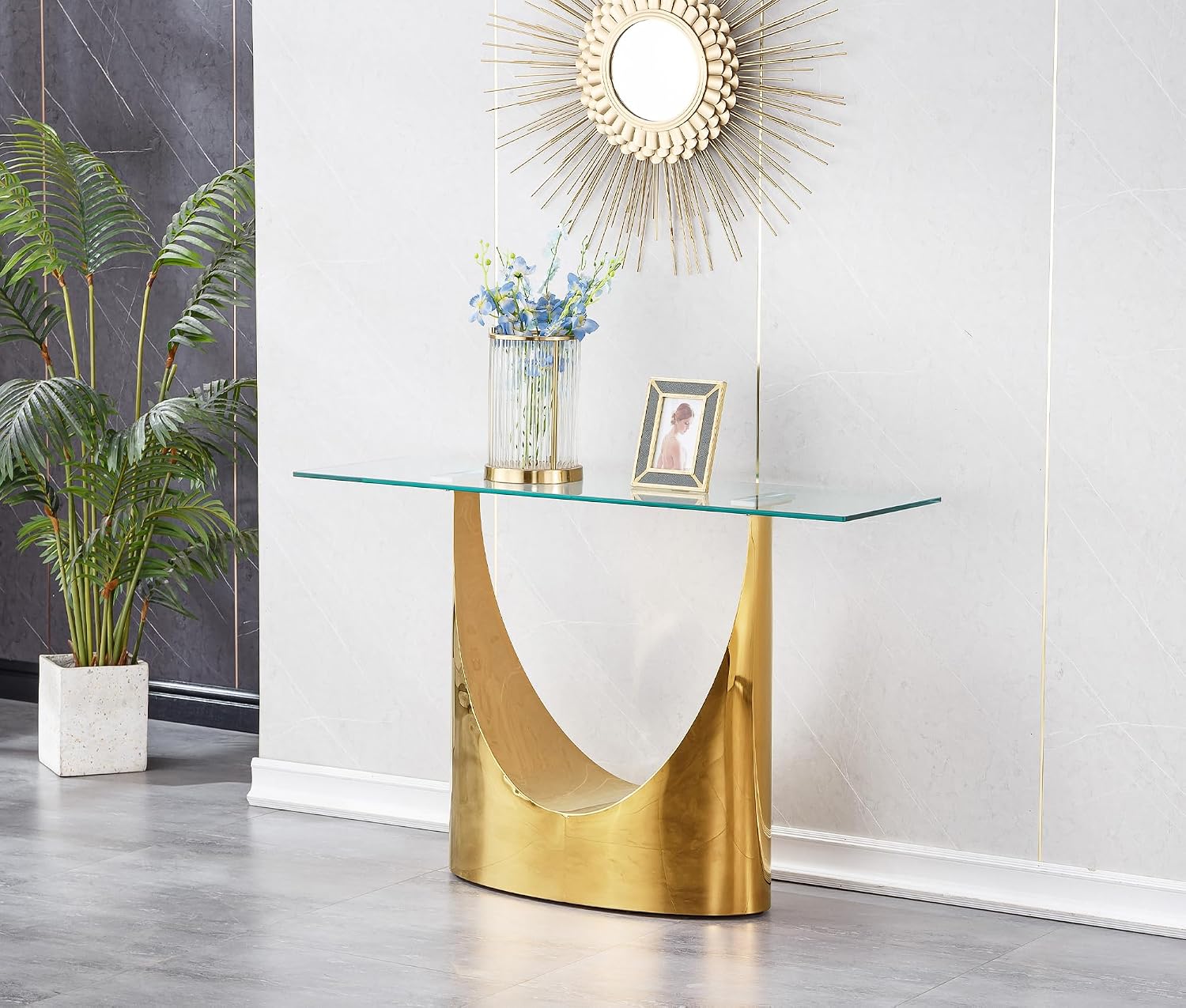 Luxury Gold Glass Console Table, Modern 47" Rectangle Entryway Table with Mirrored U-Shape Stainless Steel Base, Clear Glass Sofa Tables Behind The Couch Hallway Tables for Living Room