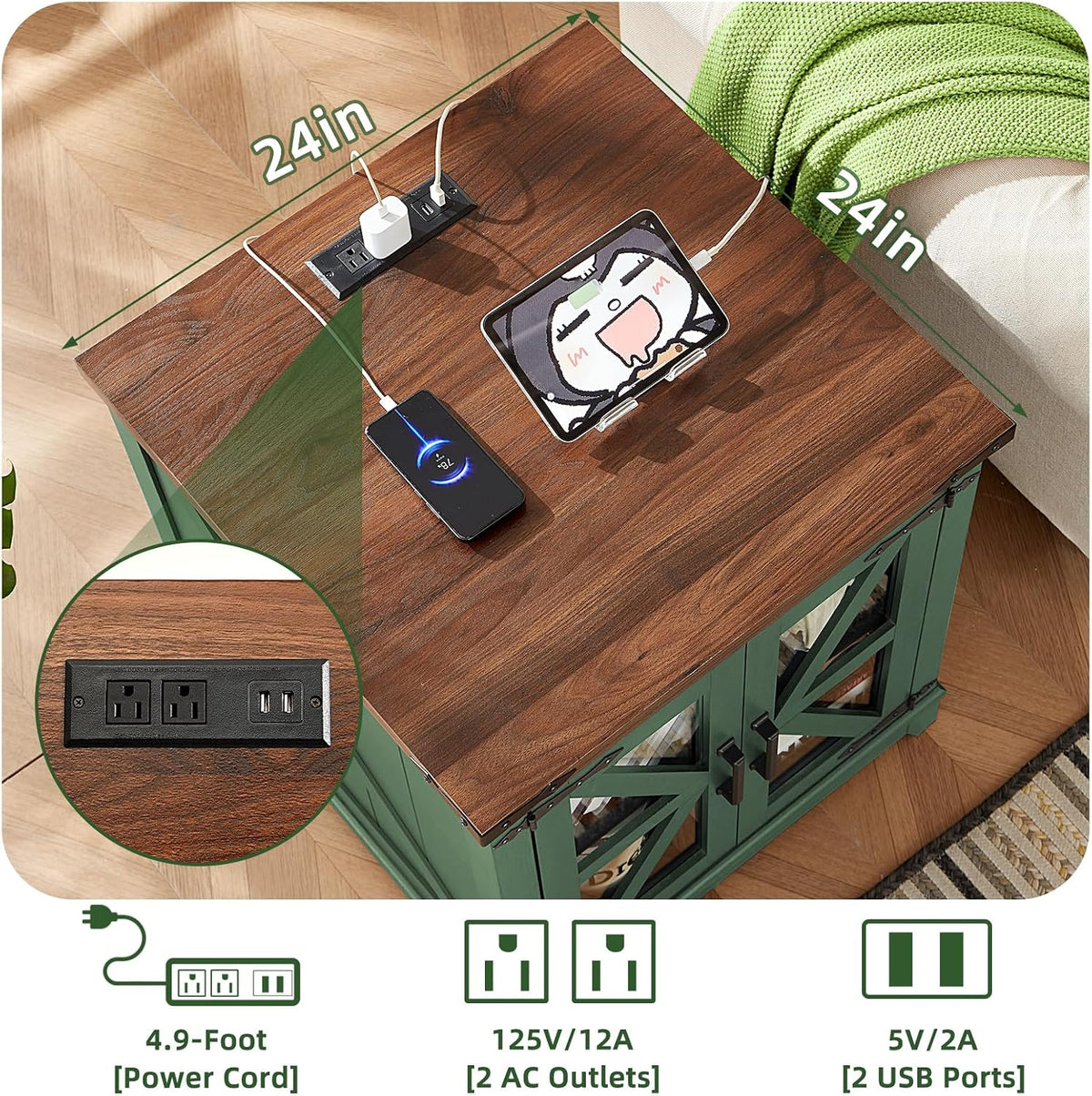 Joaxswe Farmhouse End Table with Charging Station, 24" Large Sofa Side Table with Glass Barn Door, Green Nightstand with Adjustable Storage Shelf, Wood Square Bedside Table for Living Room, Bedroom
