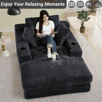 49" x 76" Corduroy Chaise Lounge, Cup Holders, Dark Gray | Super-oversized corduroy chaise with deep sleeper seating and built-in cup holders for reading, lounging, or overnight rest.