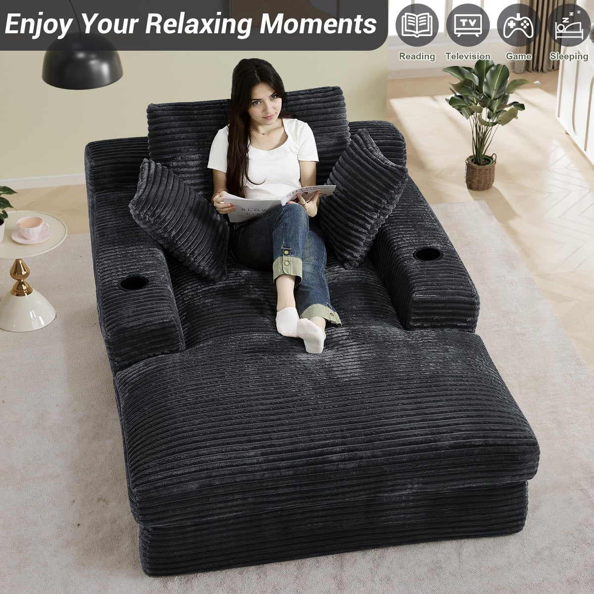 49" x 76" Corduroy Chaise Lounge, Cup Holders, Dark Gray | Super-oversized corduroy chaise with deep sleeper seating and built-in cup holders for reading, lounging, or overnight rest.