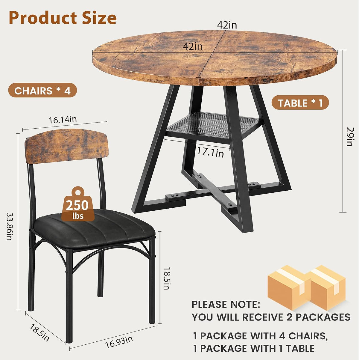 Round Dining Table Set for 4, Kitchen Table and Chairs for 4, Circle Table Round Pedestal Dining Room Dinner Dinette Table Set,5 Piece Space Saving Wood Kitchen & Dining Room Tables (Vintage, 42In)