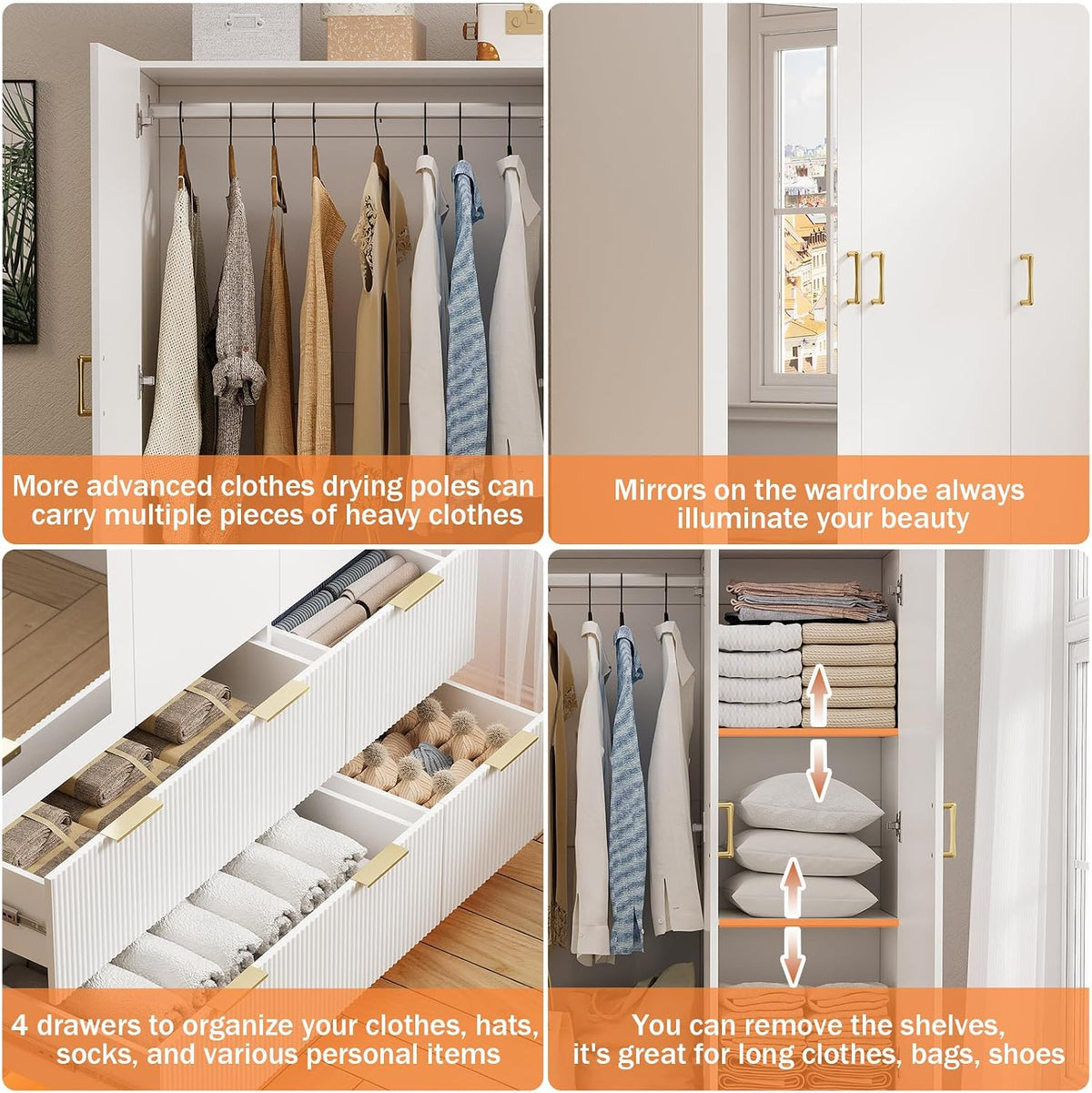 PAKASEPT Armoire Wardrobe Closet with 3 Door, Mirror, LED Lights | Hanging Rod, Drawers, Bedroom Armoires - Large Capacity Storage Wardrobe Armoire for Bedroom