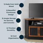 Martin Svensson Home Rustic Corner Solid Wood TV Stand, Black with Honey | Entertainment Center, for TVs up to 55", Two Door Cabinet, Open Storage shelf