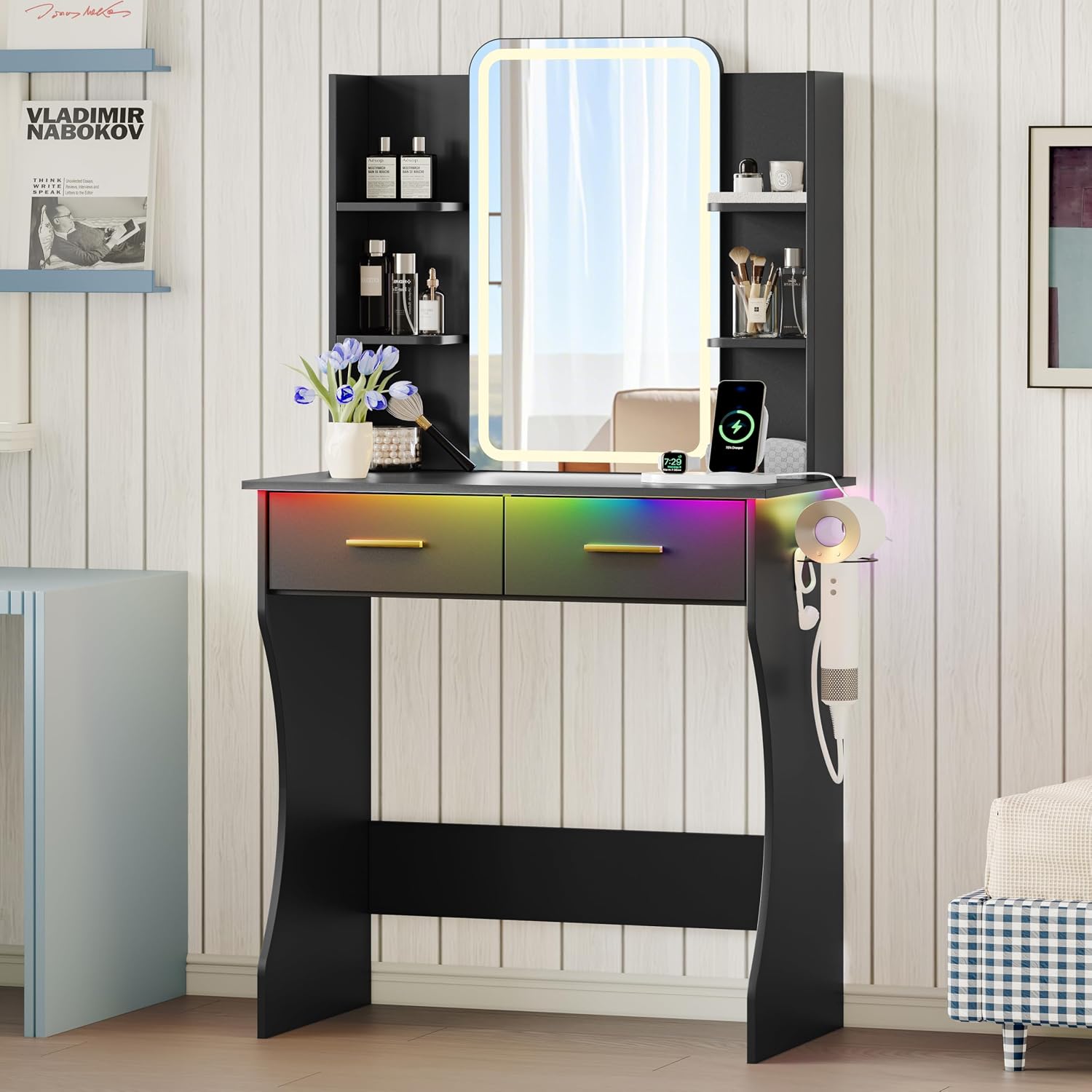 Xixini Vanity Desk with LED Lights Mirror & Power Outlet, Small Makeup Vanity Table Set with Storage Drawers, 3 Lighting Modes & Adjustable Brightness, Dressing Table for Women Girls Bedroom, Black