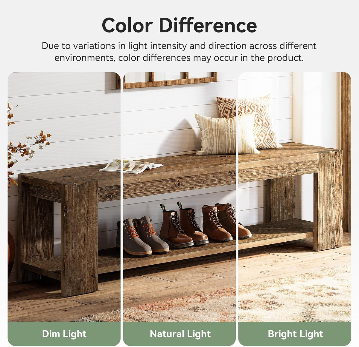 Solid Wood Entryway Bench with Storage Shelf, 55.12-Inch 2-Tier Wood Shoe Bench Seating for Entrance, Hallway, Dining Room, Living Room, Mudroom, Bedroom, Rustic Brown