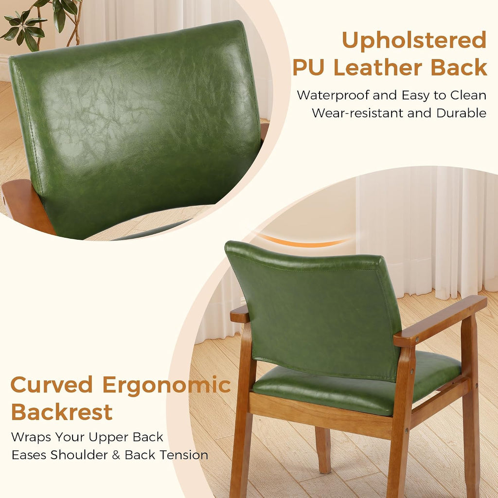 NOBPEINT Mid-Century Modern Dining Chairs with Armrest Set of 2, PU Leather Upholstered Dining Room Chairs with Solid Wood Frame, Walnut Kitchen Armchairs for Kitchen Living Room Restaurant, Green