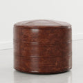 SIMPLIHOME Connor 18" Wide Genuine Leather Round Pouf in Weathered Camel | Boho leather pouf with polystyrene filling; assembled footstool, round ottoman or extra seating for living room or bedroom.