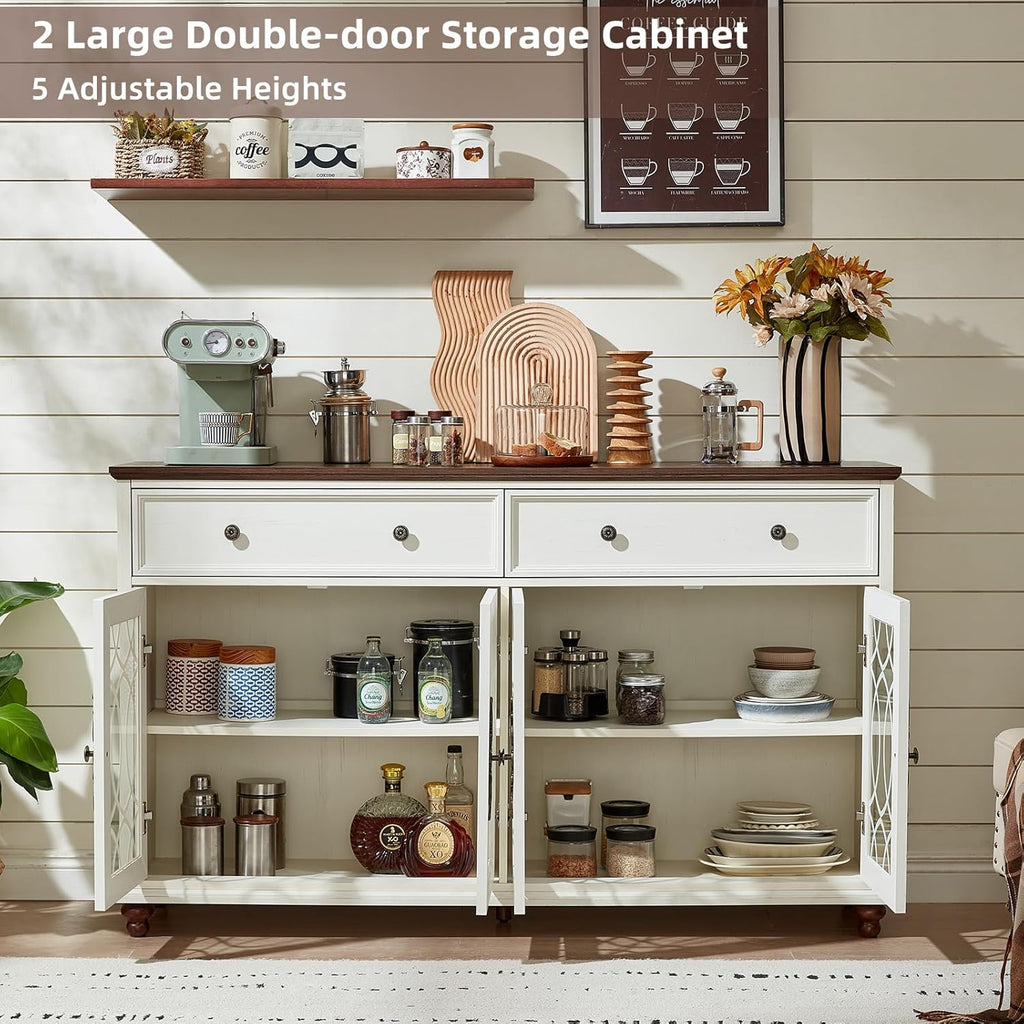 Joaxswe Farmhouse Sideboard Buffet Cabinet with Storage,59" Large Credenza with 4 Glass Doors & 2 Drawers, Wood Kitchen Coffee Bar, Adjustable Shelves Console Table for Dining Room,Living Room,White
