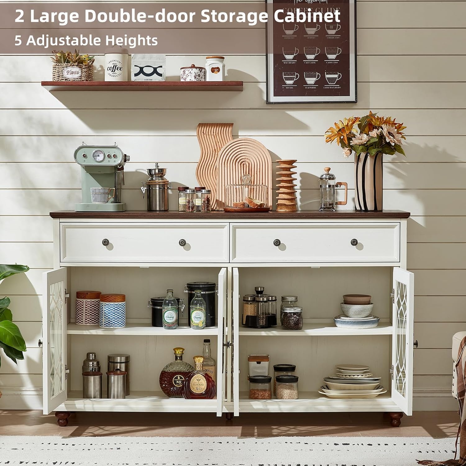 Joaxswe Farmhouse Sideboard Buffet Cabinet with Storage,59" Large Credenza with 4 Glass Doors & 2 Drawers, Wood Kitchen Coffee Bar, Adjustable Shelves Console Table for Dining Room,Living Room,White