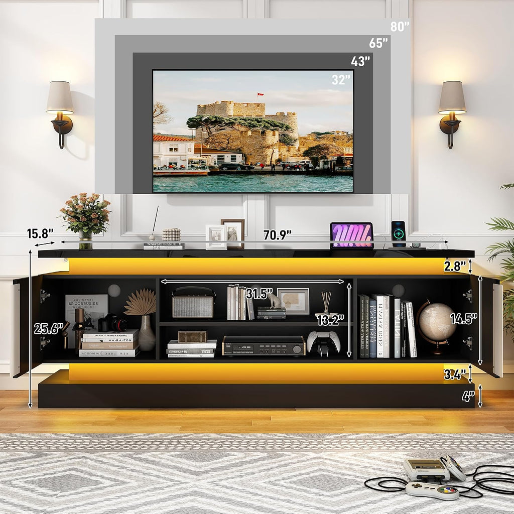 St.Mandyu 71" 2 LED TV Stand for TVs 85 inch,High Gloss Gaming Tall Entertainment Center w/Power Outlet,6000-Colors LED Lights,Modern TV Media Console Table with 2 Cabinets for Living Room,Black