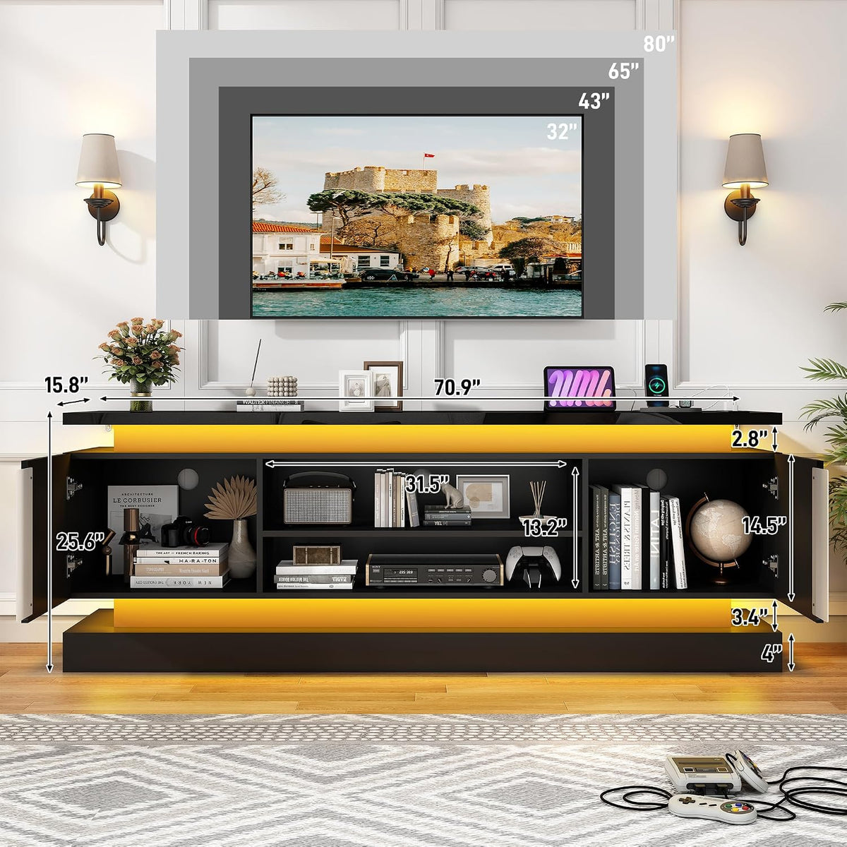 St.Mandyu 71" 2 LED TV Stand for TVs 85 inch,High Gloss Gaming Tall Entertainment Center w/Power Outlet,6000-Colors LED Lights,Modern TV Media Console Table with 2 Cabinets for Living Room,Black