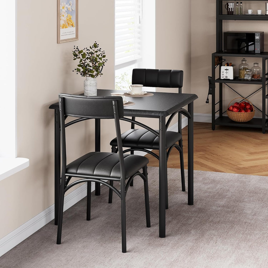 3-Piece Dining Table Set for 2, Kitchen Table Set with 2 Upholstered Chairs, Square Dining Table Set for Apartment, Studio, Small Space, Black
