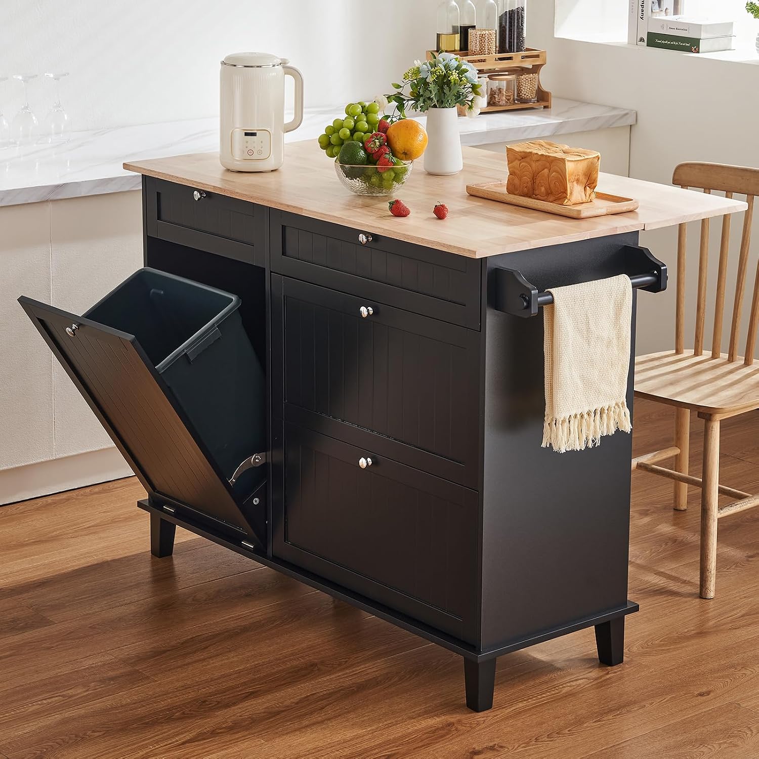 VEVOR Kitchen Island Cart, 50" Wood Top Breakfast Bar with Trash Cabinet Tilt Out 10 Gallon Storage, Farmhouse Dining Living Room Table with Drop Leaf, Towel Bar, Drawer, Black