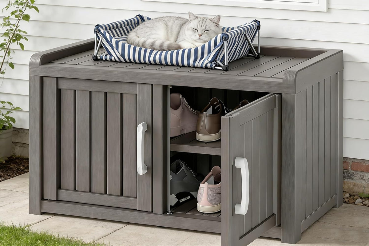 2-Tier Storage Bench, Waterproof UV-Resistant Outdoor Shoe Storage Cabinet with 2 Doors & Adjustable Shelves for Indoor Outdoor Entryway, Hallway, Living Room (Classic Grey)