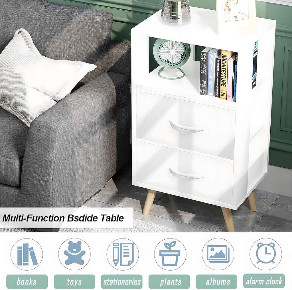 Aenuert Night Stand, White Nightstand with Fabric Drawers, Wooden Side Table with Open Storage, 3-Tier Modern End Table, Bedside Table for Small Space, Living Room, Bedroom