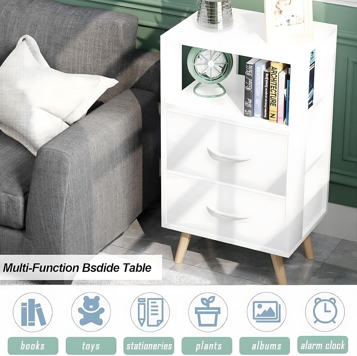 Aenuert Night Stand, White Nightstand with Fabric Drawers, Wooden Side Table with Open Storage, 3-Tier Modern End Table, Bedside Table for Small Space, Living Room, Bedroom