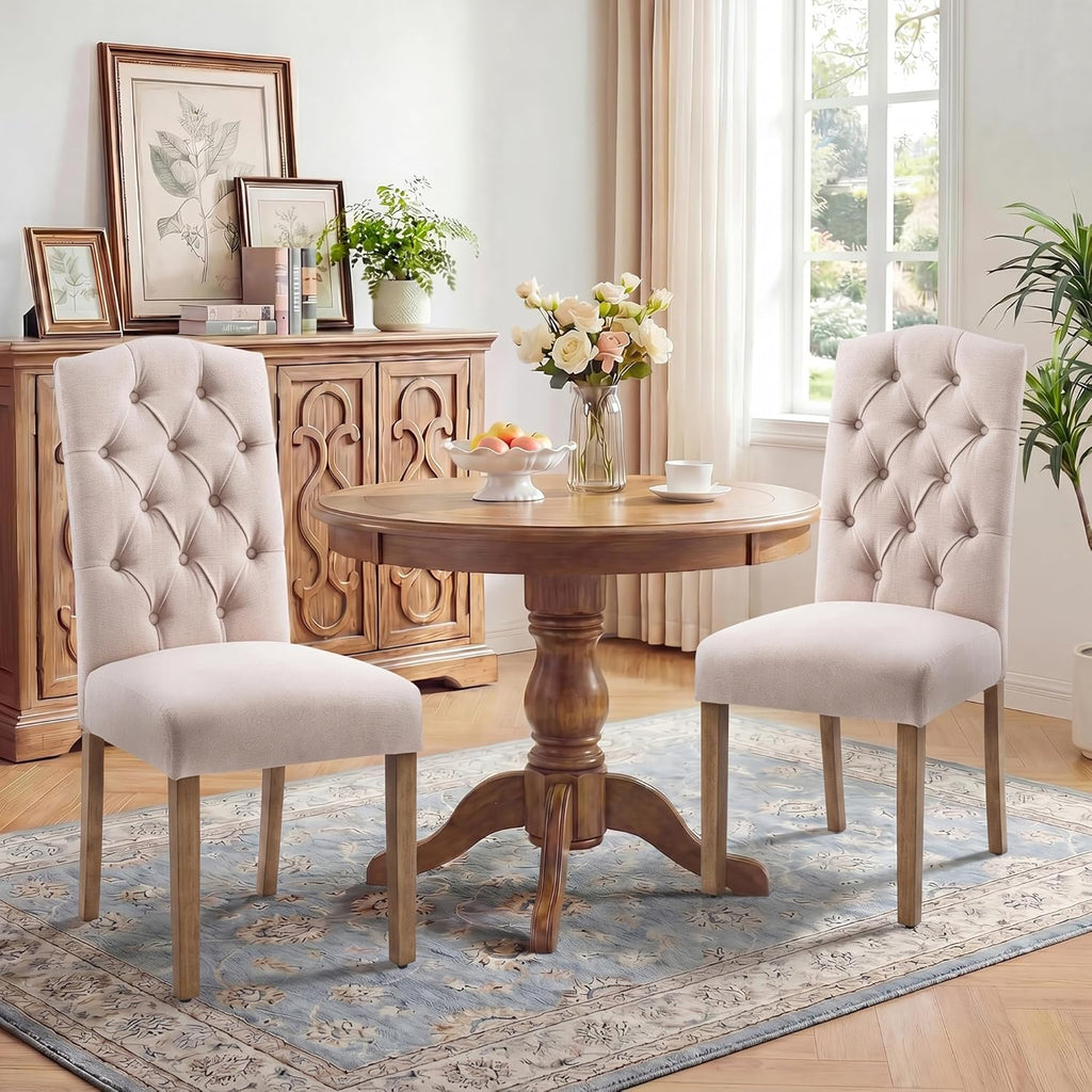 Tufted Upholstered Parsons Dining Chair Set Fabric Diner Accent Stylish Modern Kitchen Living Room with Button Sturdy Solid Wood Legs, 2-Pack