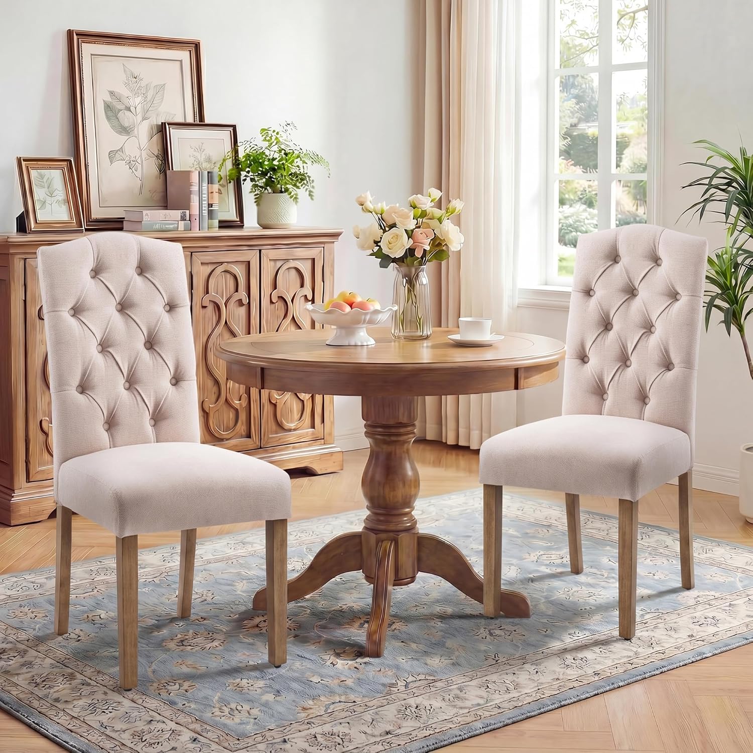 Tufted Upholstered Parsons Dining Chair Set Fabric Diner Accent Stylish Modern Kitchen Living Room with Button Sturdy Solid Wood Legs, 2-Pack