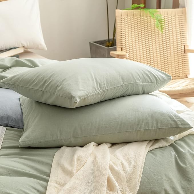 BESTOUCH Duvet Cover Set 100% Washed Cotton Linen Feel Super Soft Comfortable Chic Lightweight 3 PCs Home Bedding Set Solid Sage Green Super King