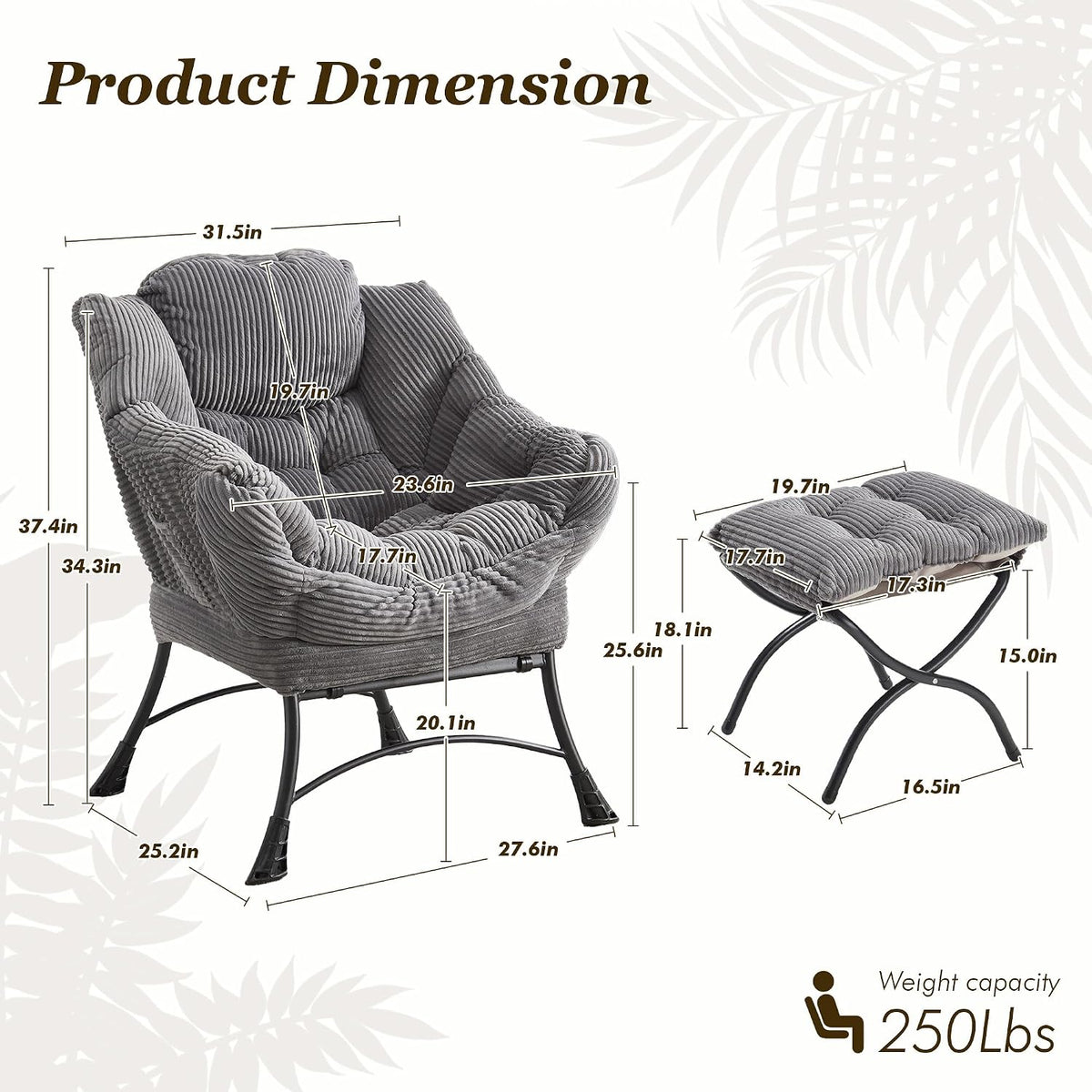 QQU Accent Chair wiht Ottoman for Bedroom (Grey) | Corduroy Reading Chair with Footrest, Comfy Lounge Armchair for Living Room, Reading Room