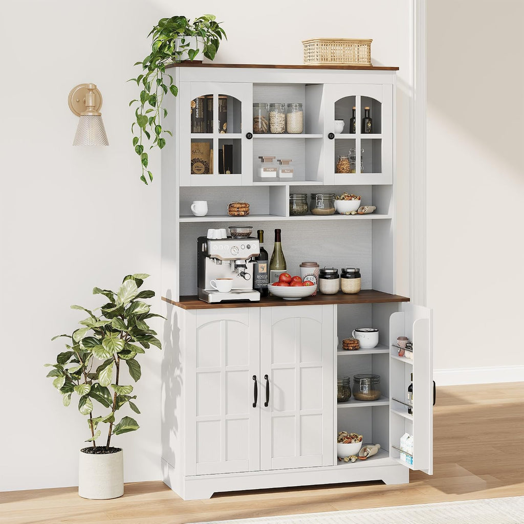 IDEALHOUSE Pantry Cabinet, 70.9 Inch Kitchen Cabinet with Glass Doors, Tall Kitchen Pantry Storage Cabinet with Hutch