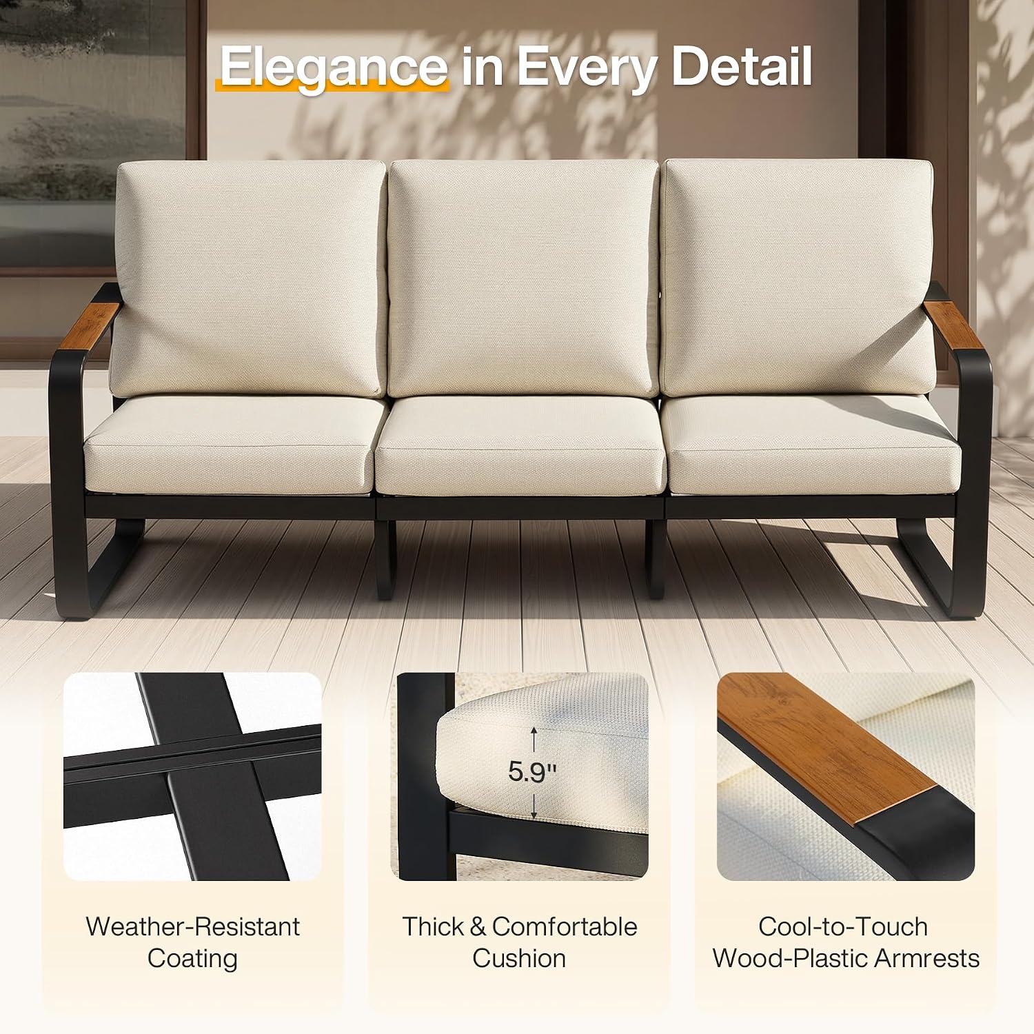 Tribesigns Outdoor Patio 3 Seater Sofa Tall Back & Oversized Seat, Modern Metal Frame Patio Couch with 6'' Thick Cushions & WPC Armrests, All-Weather Conversation Sofa for Backyard, Poolside, Beige