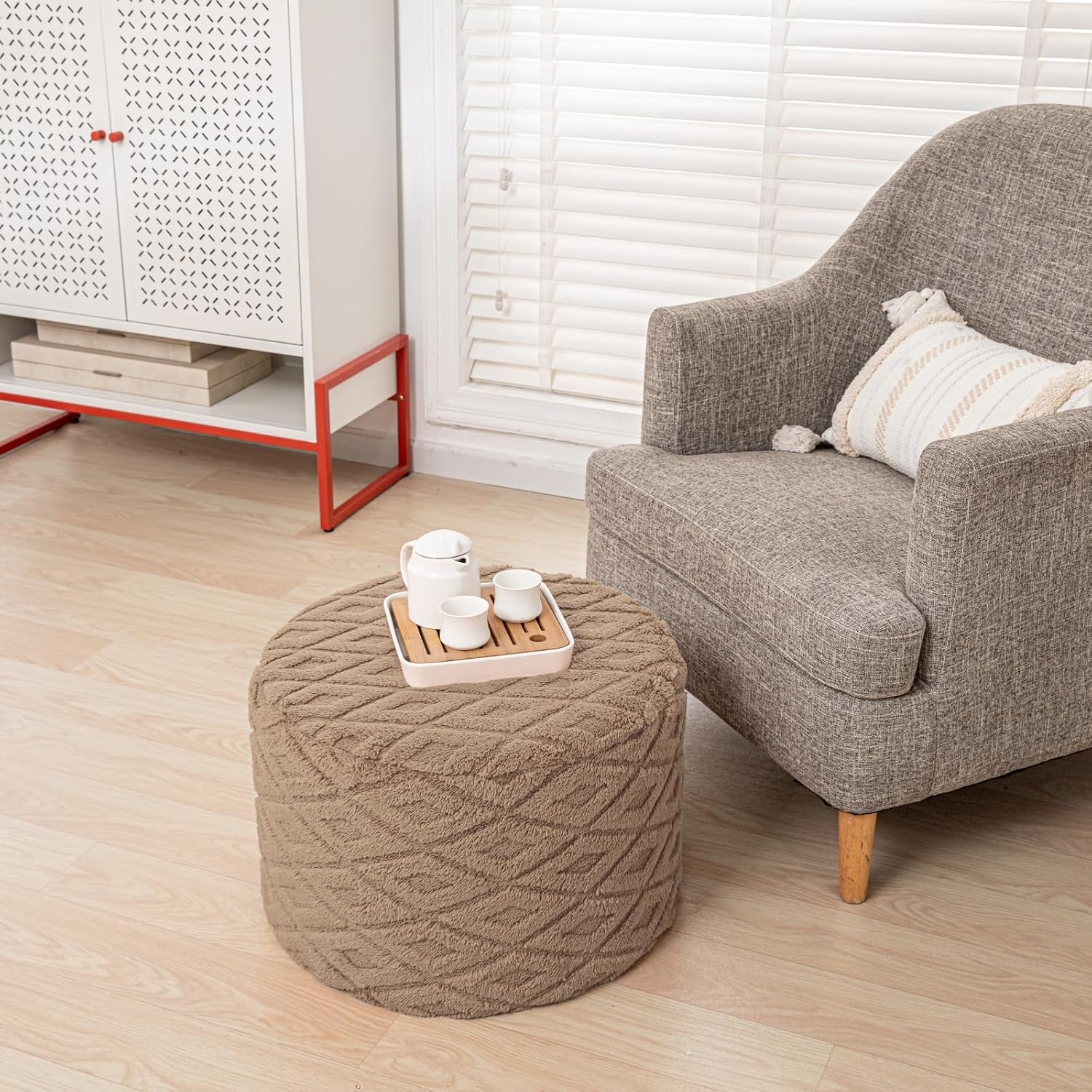 Fluffy Round Ottoman Pouf with All-in-One Foam Filling 20" x 14" Furry Ottoman Foot Rest Foot Stool for Living Room or Bedroom (Light Coffee)