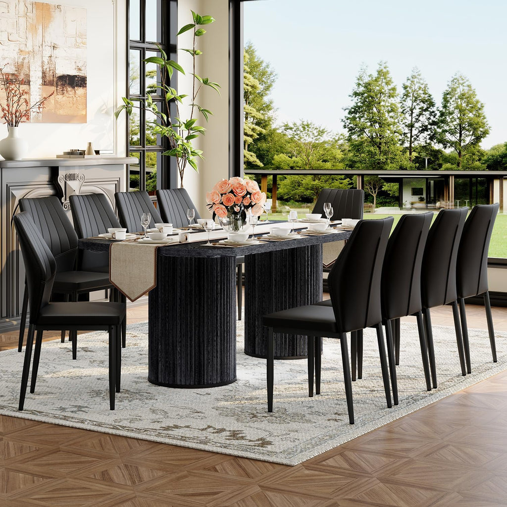 79" Black Dining Table Set for 10,Large Dining Room Table Set for 10 with Fluted Double Pedestal Base & Cushioned Chairs,Modern Luxe Rectangular Wood Kitchen Table Set for Family Gatherings
