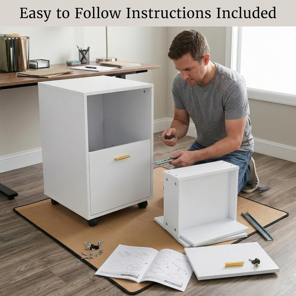 Lavish Home 2 Drawer File Cabinet - Filing Cabinet with Lock - Rolling File Cabinet for Under Desk Storage - Wood Filing Cabinet for Home or Office Organization (White)