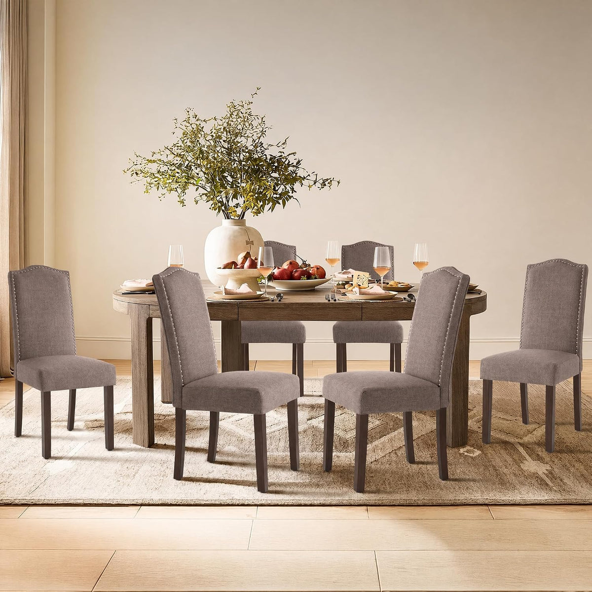 Upholstered Dining Chair Modern Stylish Kitchen Diner Fabric Set of 4 | Fabric Silver Nailhead Trim & Wood Legs, High Back, Living Room Restaurant Farmhouse Cafe, Mid Century Accent