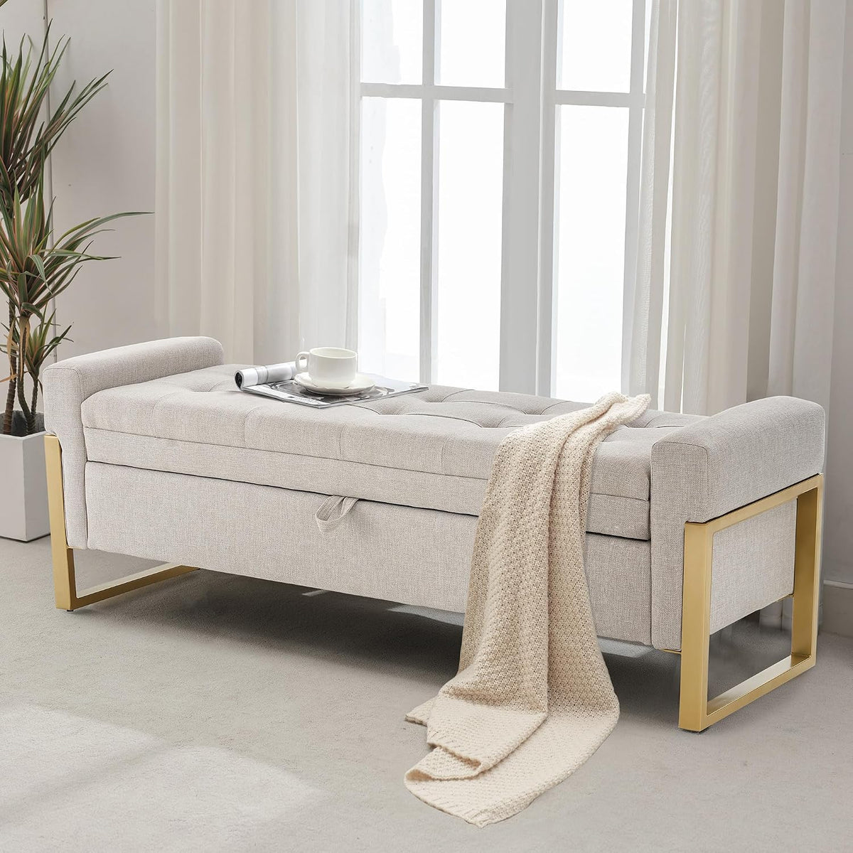adochr 57" Storage Ottoman Bench, Upholstered End of Bed Bench, Beige | Metal Legs & Button-Tufted, Linen Ottoman with Storage 500 lb Capacity for Living Room, Bedroom, Entryway