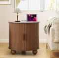 AVZEAR 24" Large Round End Table with Charging Station, Farmhouse Fluted Sofa Side Table with Sliding Tambour Door & Storage, Mid-Century Wood Nightstand for Living Room, Bedroom, Walnut