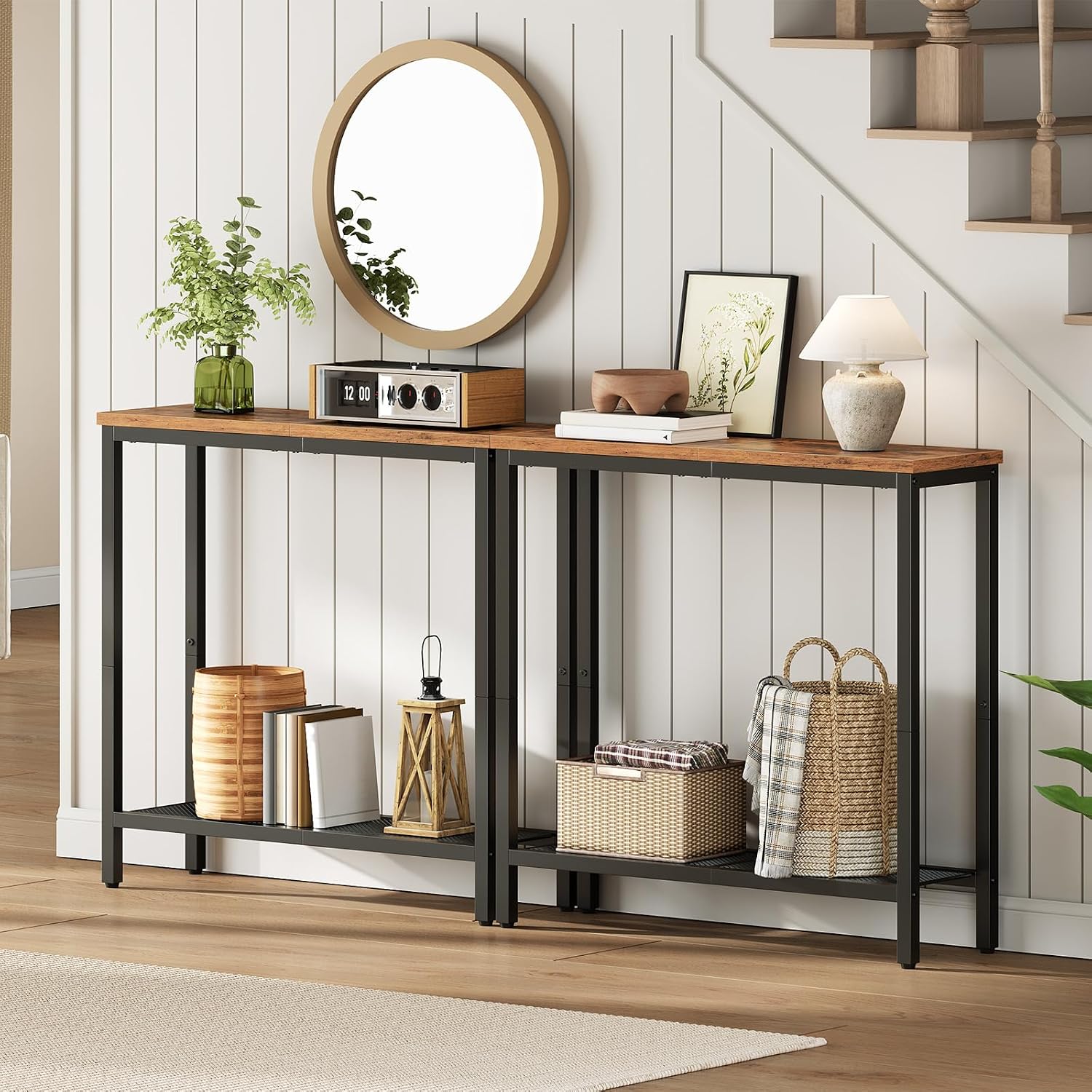 HOOBRO 29.5" Narrow Console Table, Set of 2, Small Entryway Table with Shelf, 2 Tier Thin Sofa Table, Behind Couch Table, Side Table, for Hallway, Living Room, Rustic Brown and Black BF74XGP201