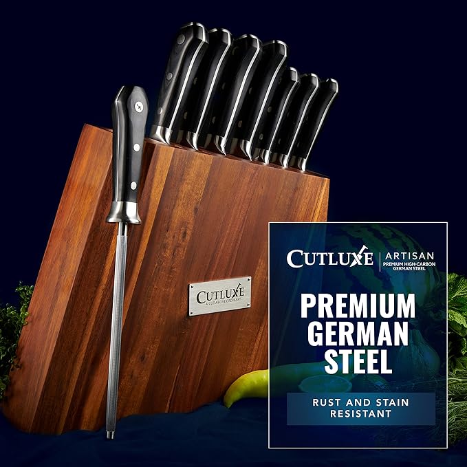 Cutluxe Kitchen Knife Set – 8 Pcs Professional Chef Knife Set with Block – Razor Sharp Knives with Full Tang Design, High Carbon German Steel, Natural Acacia Wood Block – Artisan Series