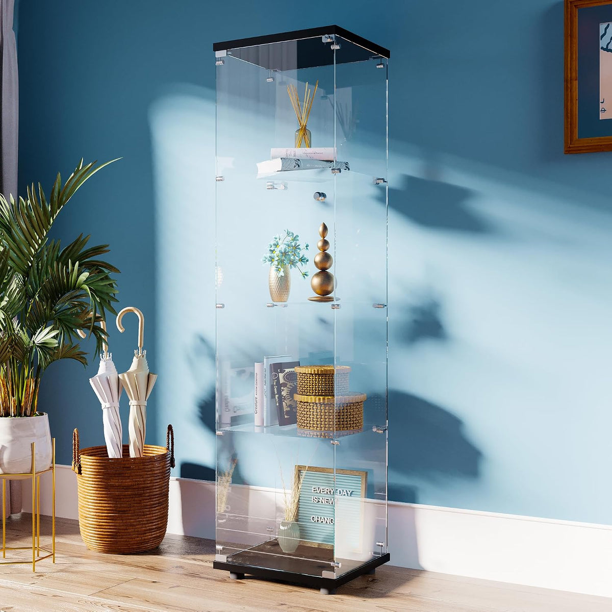 FANYUSHOW Tempered Glass Display Cabinet 4-Shelf Curio Cabinet with Security Lock 5mm Display Shelf Showcase for Living Room/Bedroom/Office- Black 64.7" H x 16.7" L x 14.37" W