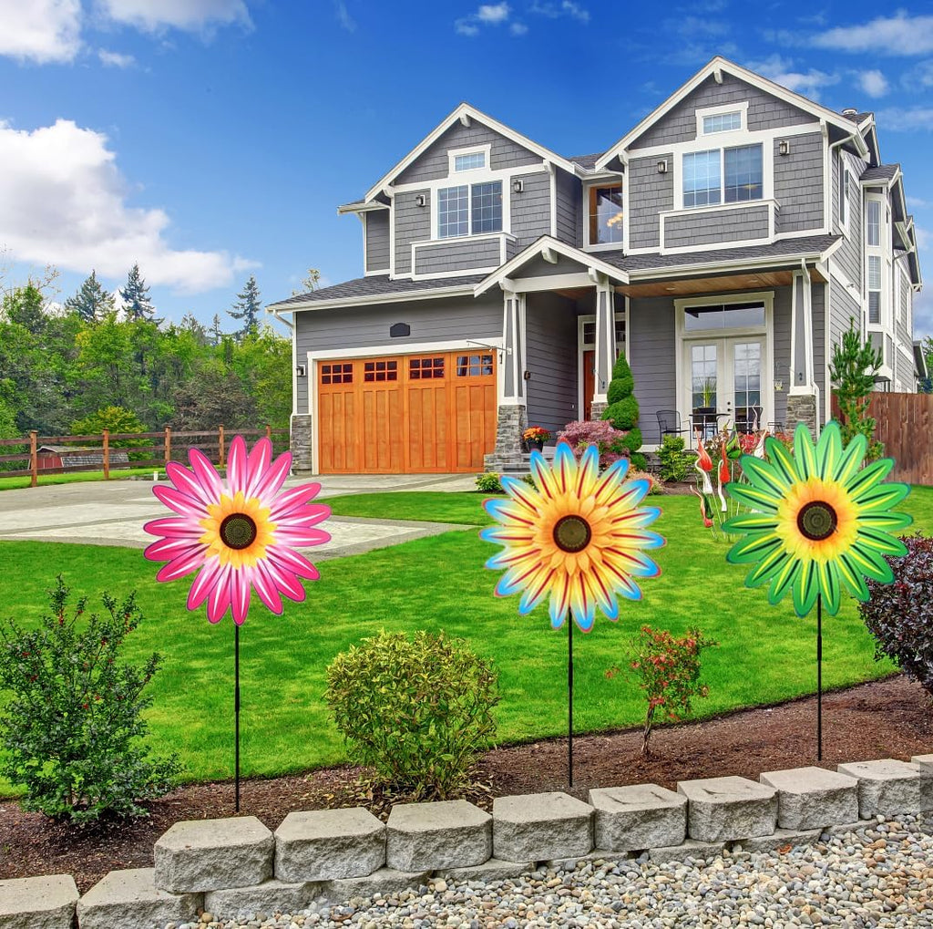 3PCS Sunflower Pinwheels Outdoor Wind Spinners, Colorful Flower Windmill Decorative Pinwheel for Garden, Yard, Party Outdoor Decor(Green, Blue, Pink)