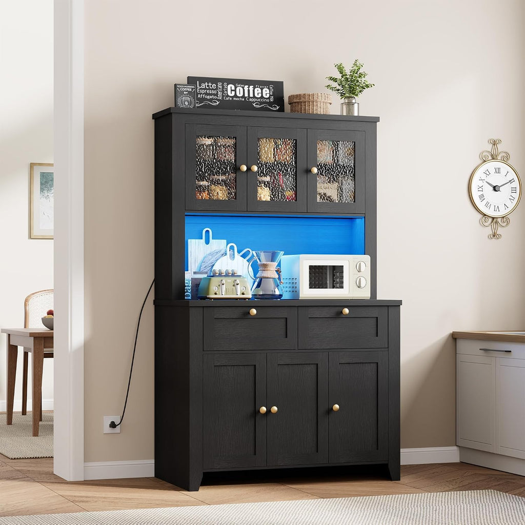GAOMON 66" Tall Kitchen Pantry Cabinet, Modern Kitchen Hutch with Charging Station, Large Coffee Bar Storage Cabinet with Glass Doors and Drawers, Black