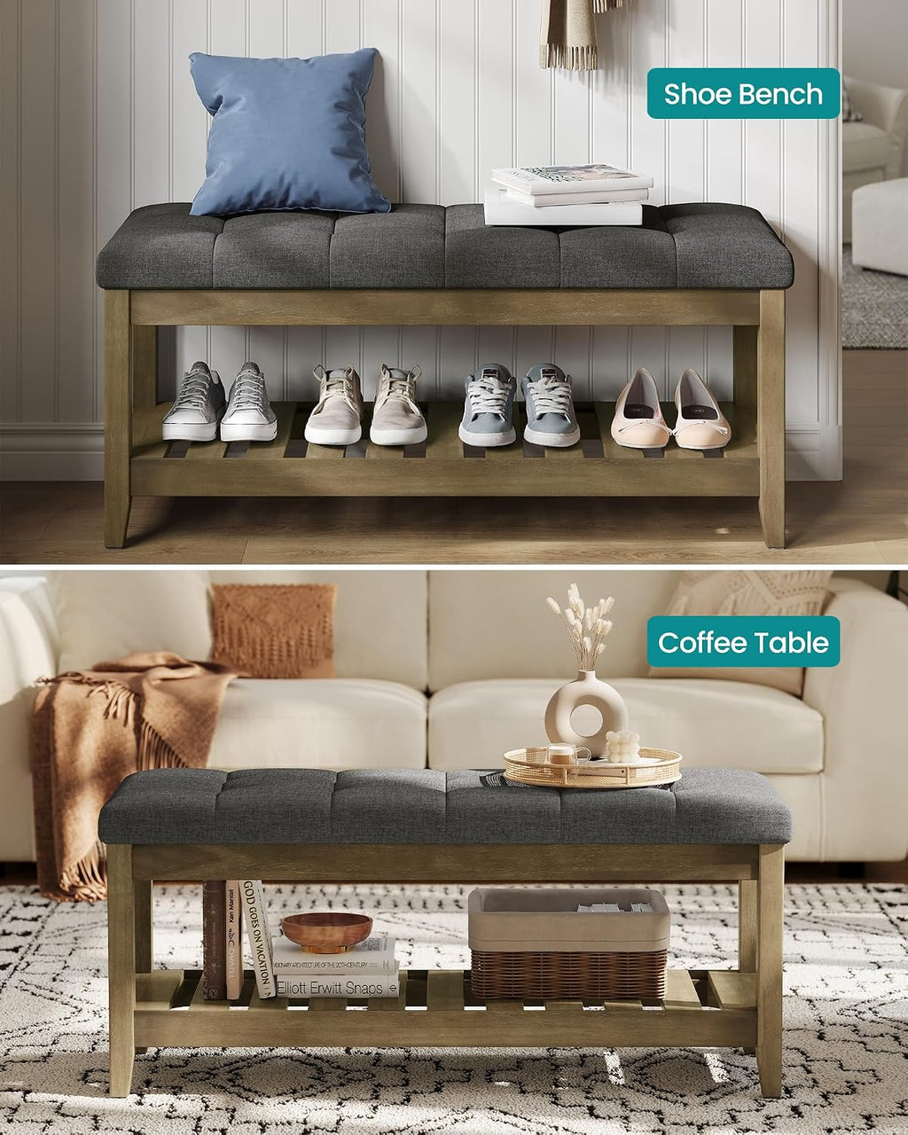 SONGMICS Storage Ottoman with Solid Wood Frame, 42.9 x 15.7 x 17.7 Inches | Rectangular Upholstered Bench, Footrest, Tufted Cushion, Easy Assembly, Slate Gray, MARY Collection ULSF009GN01