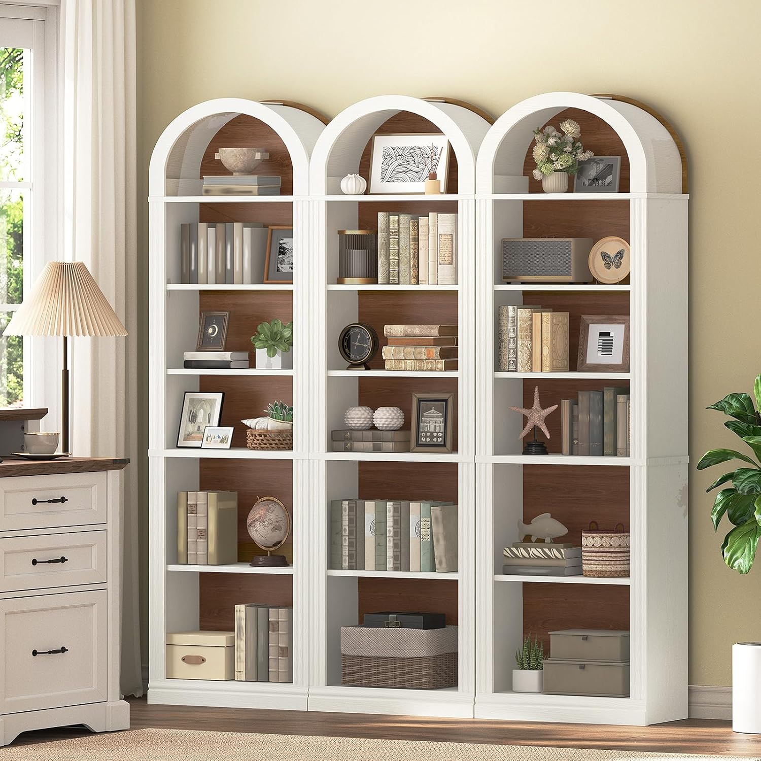 RALGEND Arched Bookshelf, 75.8" Tall Narrow Bookshelf, Arch Bookcase with Storage, 6-Tier Farmhouse Book Shelf, Wooden Arched Cabinet with Open Display Shelves, Adjustable Shelf, Walnut and White